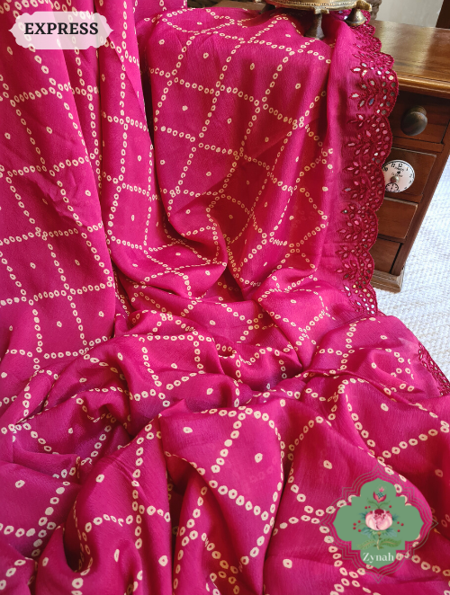 Zynah Hot Pink Wrinkle Crepe Silk Saree with Bandhani Inspired Prints & Mirror Work Scalloped Borders; Custom Stitched/Ready-made Blouse, Fall, Petticoat; SKU: 0202202302