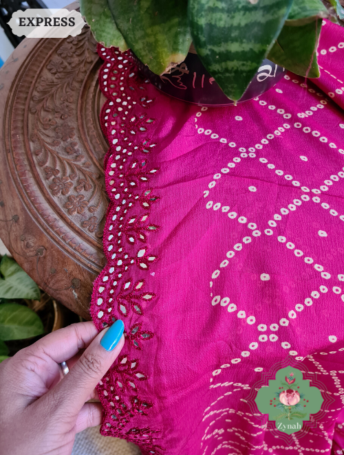 Zynah Hot Pink Wrinkle Crepe Silk Saree with Bandhani Inspired Prints & Mirror Work Scalloped Borders; Custom Stitched/Ready-made Blouse, Fall, Petticoat; SKU: 0202202302