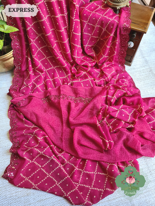 Zynah Hot Pink Wrinkle Crepe Silk Saree with Bandhani Inspired Prints & Mirror Work Scalloped Borders; Custom Stitched/Ready-made Blouse, Fall, Petticoat; SKU: 0202202302