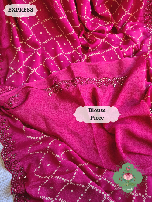 Zynah Hot Pink Wrinkle Crepe Silk Saree with Bandhani Inspired Prints & Mirror Work Scalloped Borders; Custom Stitched/Ready-made Blouse, Fall, Petticoat; SKU: 0202202302