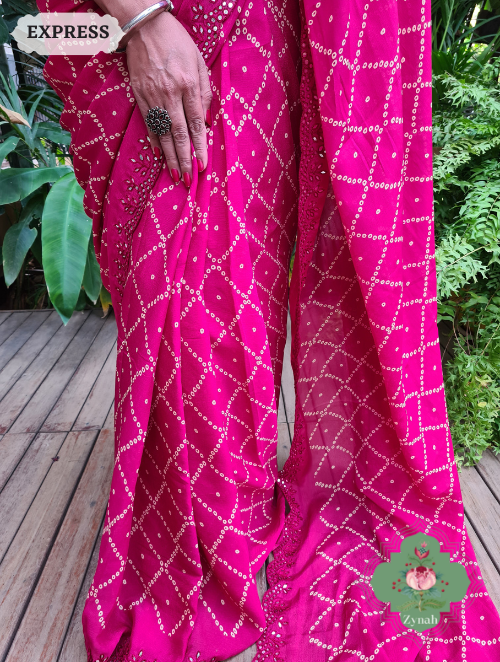Zynah Hot Pink Wrinkle Crepe Silk Saree with Bandhani Inspired Prints & Mirror Work Scalloped Borders; Custom Stitched/Ready-made Blouse, Fall, Petticoat; SKU: 0202202302