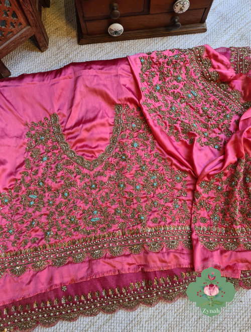 Zynah Hot Pink Pure Organza Silk Saree With Floral Butis All Over The Body, Zardosi, Maggam, Pearl Beads, Cutdana Handwork & Scalloped Borders; Custom Stitched/Ready-made Blouse, Fall, Petticoat; SKU: 1402202301