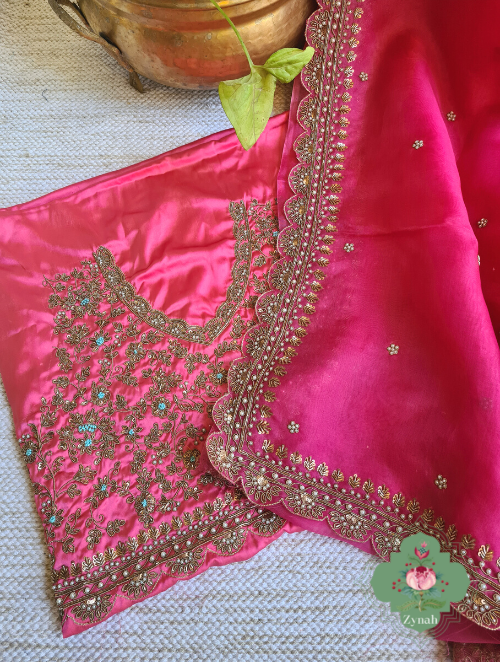 Zynah Hot Pink Pure Organza Silk Saree With Floral Butis All Over The Body, Zardosi, Maggam, Pearl Beads, Cutdana Handwork & Scalloped Borders; Custom Stitched/Ready-made Blouse, Fall, Petticoat; SKU: 1402202301
