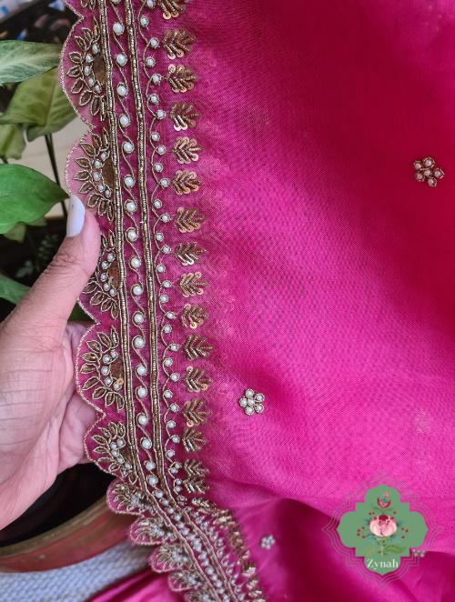 Zynah Hot Pink Pure Organza Silk Saree With Floral Butis All Over The Body, Zardosi, Maggam, Pearl Beads, Cutdana Handwork & Scalloped Borders; Custom Stitched/Ready-made Blouse, Fall, Petticoat; SKU: 1402202301