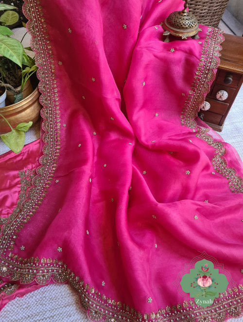 Zynah Hot Pink Pure Organza Silk Saree With Floral Butis All Over The Body, Zardosi, Maggam, Pearl Beads, Cutdana Handwork & Scalloped Borders; Custom Stitched/Ready-made Blouse, Fall, Petticoat; SKU: 1402202301