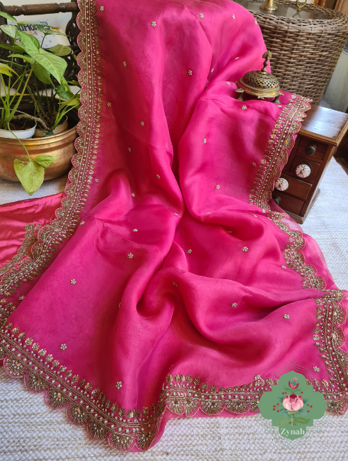 Zynah Hot Pink Pure Organza Silk Saree With Floral Butis All Over The Body, Zardosi, Maggam, Pearl Beads, Cutdana Handwork & Scalloped Borders; Custom Stitched/Ready-made Blouse, Fall, Petticoat; SKU: 1402202301