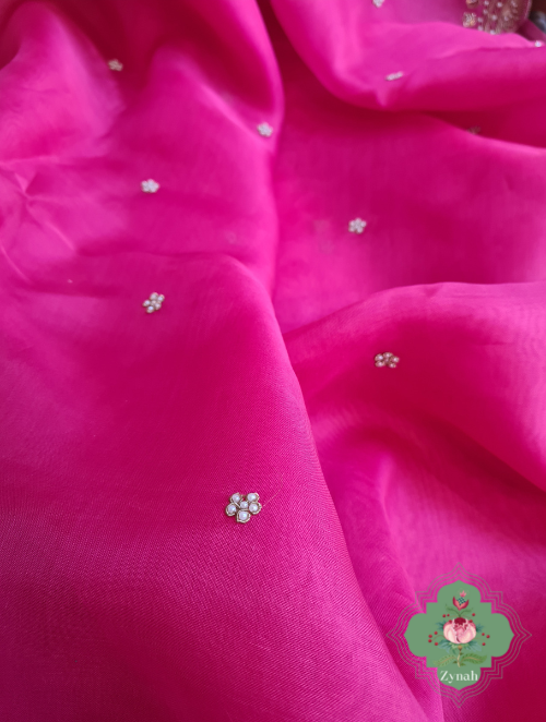 Zynah Hot Pink Pure Organza Silk Saree With Floral Butis All Over The Body, Zardosi, Maggam, Pearl Beads, Cutdana Handwork & Scalloped Borders; Custom Stitched/Ready-made Blouse, Fall, Petticoat; SKU: 1402202301