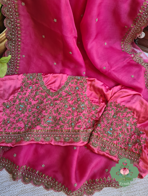 Zynah Hot Pink Pure Organza Silk Saree With Floral Butis All Over The Body, Zardosi, Maggam, Pearl Beads, Cutdana Handwork & Scalloped Borders; Custom Stitched/Ready-made Blouse, Fall, Petticoat; SKU: 1402202301