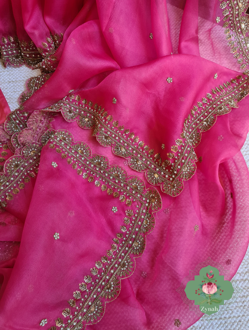 Zynah Hot Pink Pure Organza Silk Saree With Floral Butis All Over The Body, Zardosi, Maggam, Pearl Beads, Cutdana Handwork & Scalloped Borders; Custom Stitched/Ready-made Blouse, Fall, Petticoat; SKU: 1402202301