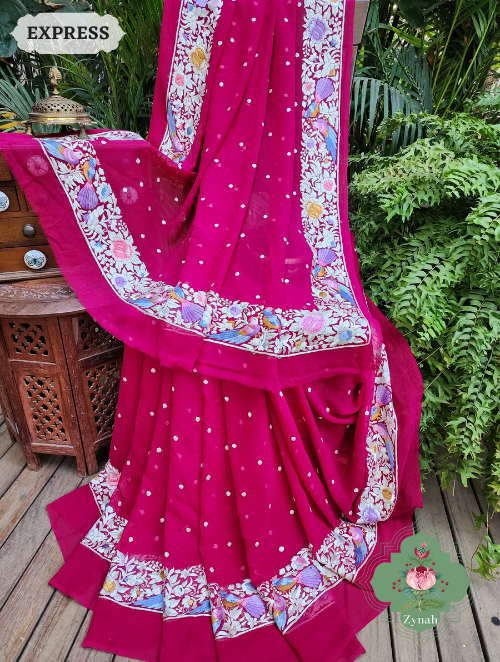 Zynah Made to Order Fuschia Pink Pure Georgette Hand Embroidered Parsi Gara Saree, Authentic Vintage Art, Heirloom Piece; Custom Stitched/Ready-made Blouse, Fall, Petticoat; SKU: 2302202306