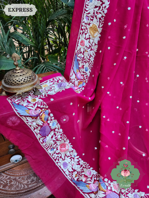 Zynah Made to Order Fuschia Pink Pure Georgette Hand Embroidered Parsi Gara Saree, Authentic Vintage Art, Heirloom Piece; Custom Stitched/Ready-made Blouse, Fall, Petticoat; SKU: 2302202306