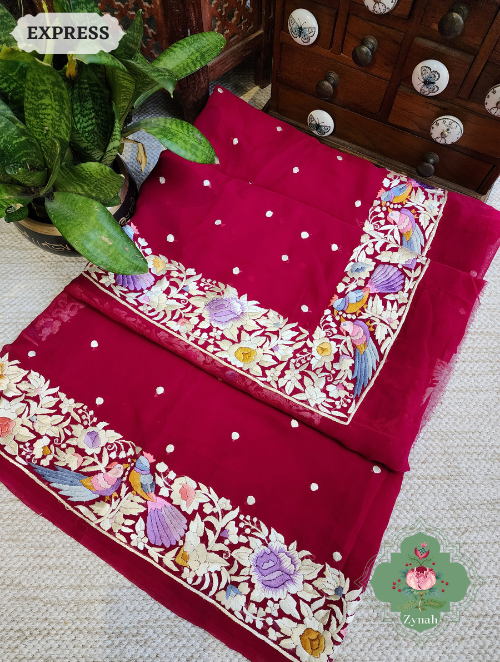 Zynah Made to Order Fuschia Pink Pure Georgette Hand Embroidered Parsi Gara Saree, Authentic Vintage Art, Heirloom Piece; Custom Stitched/Ready-made Blouse, Fall, Petticoat; SKU: 2302202306