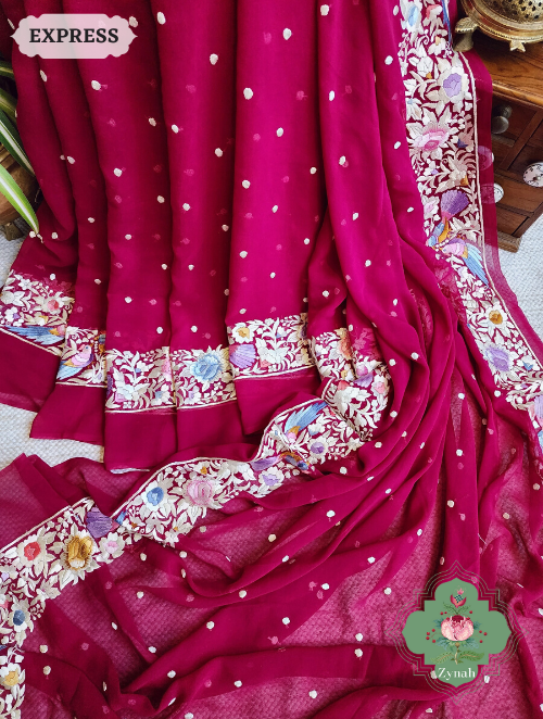 Zynah Made to Order Fuschia Pink Pure Georgette Hand Embroidered Parsi Gara Saree, Authentic Vintage Art, Heirloom Piece; Custom Stitched/Ready-made Blouse, Fall, Petticoat; SKU: 2302202306