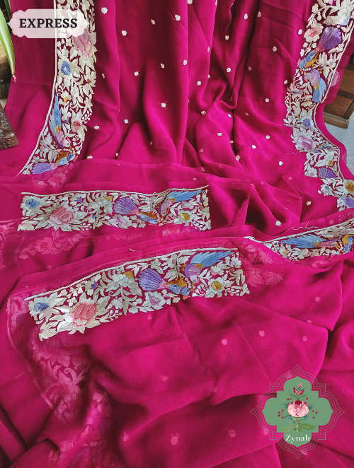 Zynah Made to Order Fuschia Pink Pure Georgette Hand Embroidered Parsi Gara Saree, Authentic Vintage Art, Heirloom Piece; Custom Stitched/Ready-made Blouse, Fall, Petticoat; SKU: 2302202306