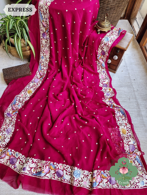Zynah Made to Order Fuschia Pink Pure Georgette Hand Embroidered Parsi Gara Saree, Authentic Vintage Art, Heirloom Piece; Custom Stitched/Ready-made Blouse, Fall, Petticoat; SKU: 2302202306