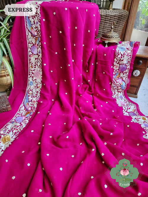 Zynah Made to Order Fuschia Pink Pure Georgette Hand Embroidered Parsi Gara Saree, Authentic Vintage Art, Heirloom Piece; Custom Stitched/Ready-made Blouse, Fall, Petticoat; SKU: 2302202306