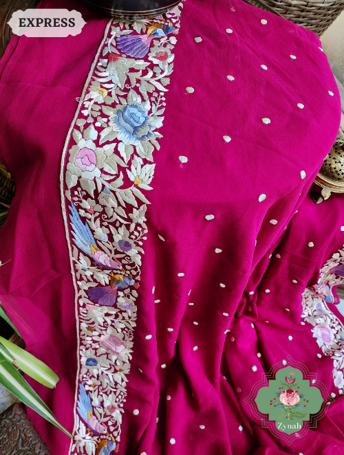 Zynah Made to Order Fuschia Pink Pure Georgette Hand Embroidered Parsi Gara Saree, Authentic Vintage Art, Heirloom Piece; Custom Stitched/Ready-made Blouse, Fall, Petticoat; SKU: 2302202306