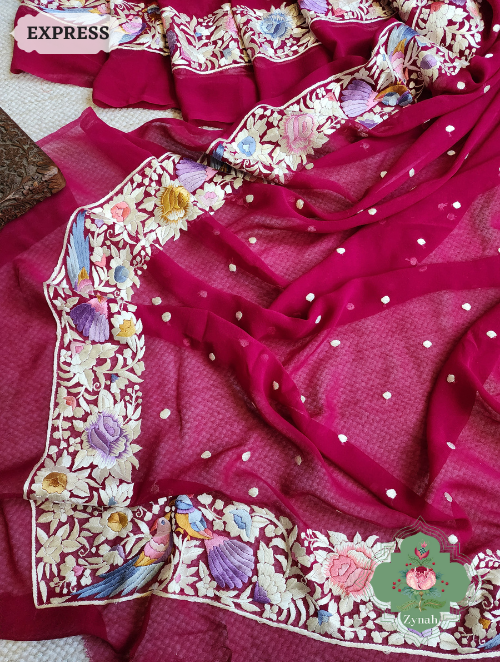 Zynah Made to Order Fuschia Pink Pure Georgette Hand Embroidered Parsi Gara Saree, Authentic Vintage Art, Heirloom Piece; Custom Stitched/Ready-made Blouse, Fall, Petticoat; SKU: 2302202306
