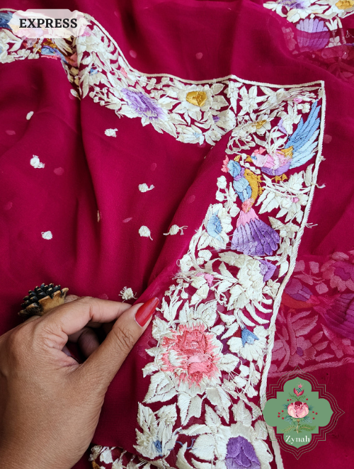 Zynah Made to Order Fuschia Pink Pure Georgette Hand Embroidered Parsi Gara Saree, Authentic Vintage Art, Heirloom Piece; Custom Stitched/Ready-made Blouse, Fall, Petticoat; SKU: 2302202306