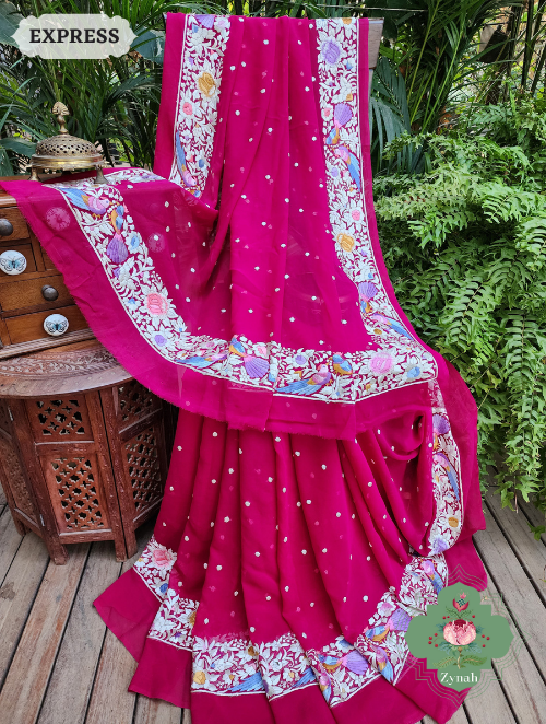 Zynah Made to Order Fuschia Pink Pure Georgette Hand Embroidered Parsi Gara Saree, Authentic Vintage Art, Heirloom Piece; Custom Stitched/Ready-made Blouse, Fall, Petticoat; SKU: 2302202306