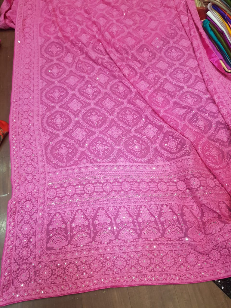 Zynah Pure Georgette Chikankari Saree in Pastel Shades, Sequence Hand work, Dyeable; Custom Stitched/Ready-made Blouse, Fall, Petticoat; Shipping available USA, Worldwide