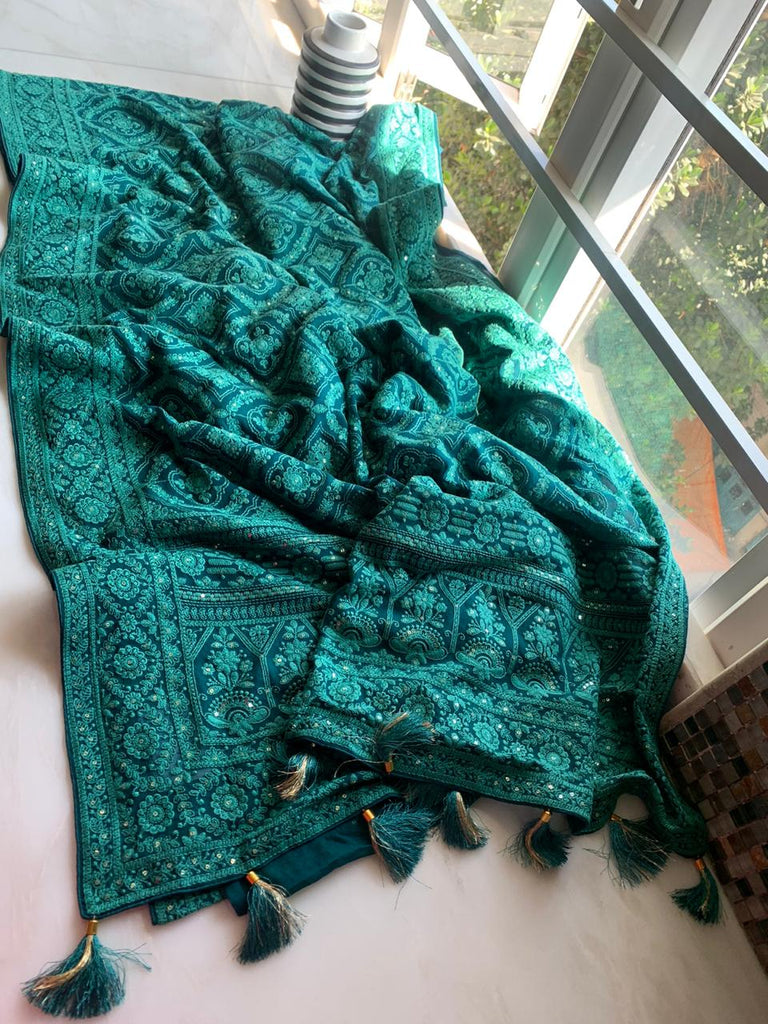 Zynah Pure Georgette Chikankari Saree in Pastel Shades, Sequence Hand work, Dyeable; Custom Stitched/Ready-made Blouse, Fall, Petticoat; Shipping available USA, Worldwide