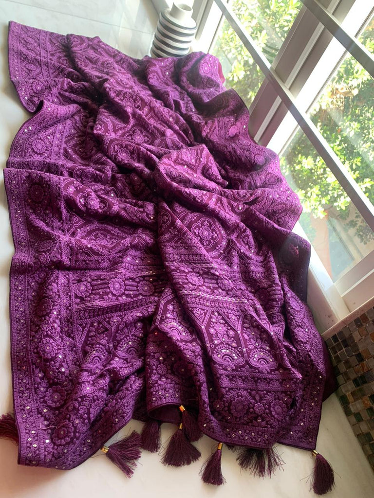 Zynah Pure Georgette Chikankari Saree in Pastel Shades, Sequence Hand work, Dyeable; Custom Stitched/Ready-made Blouse, Fall, Petticoat; Shipping available USA, Worldwide