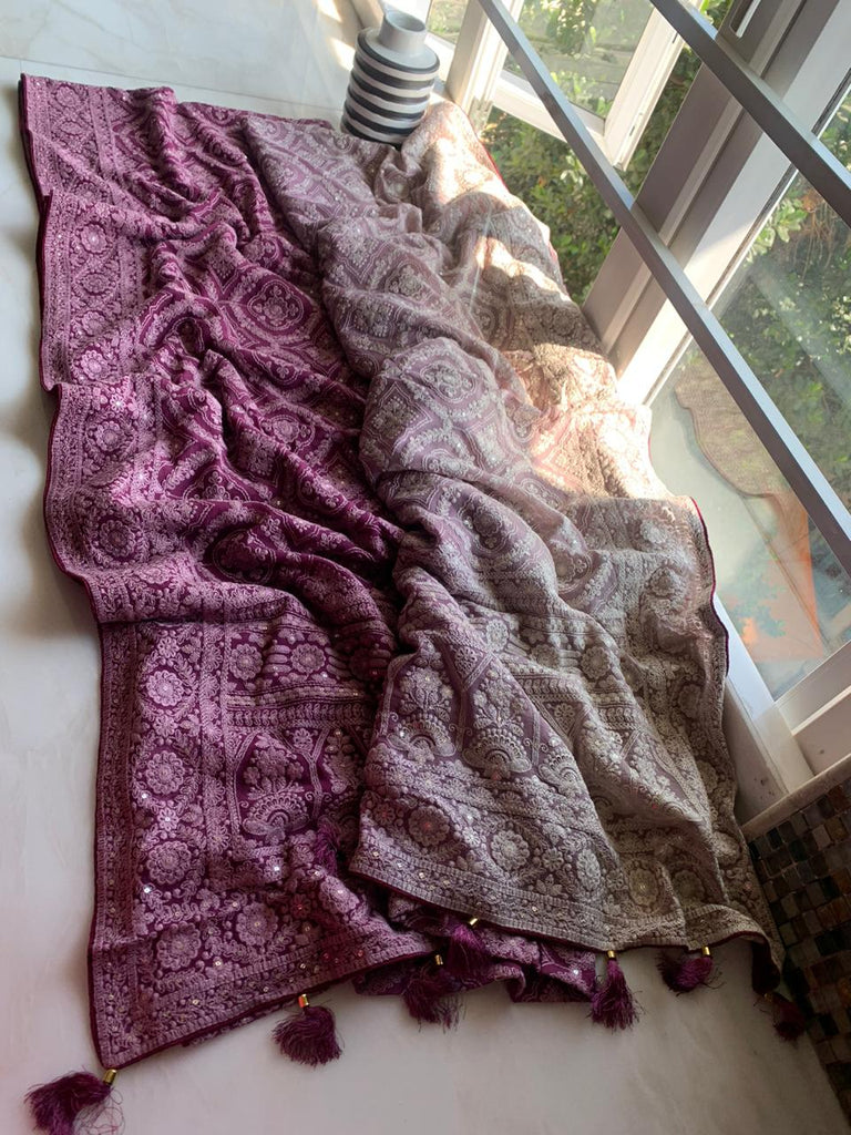 Zynah Pure Georgette Chikankari Saree in Pastel Shades, Sequence Hand work, Dyeable; Custom Stitched/Ready-made Blouse, Fall, Petticoat; Shipping available USA, Worldwide