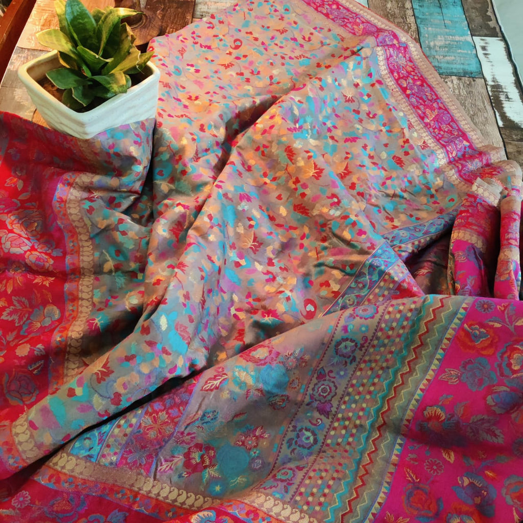 Zynah Midnight Blue Pure Kani Silk Cotton Saree with Grand Pallu & Jaal woven body; Custom Stitched/Ready-made Blouse, Fall, Petticoat; Shipping available USA, Worldwide