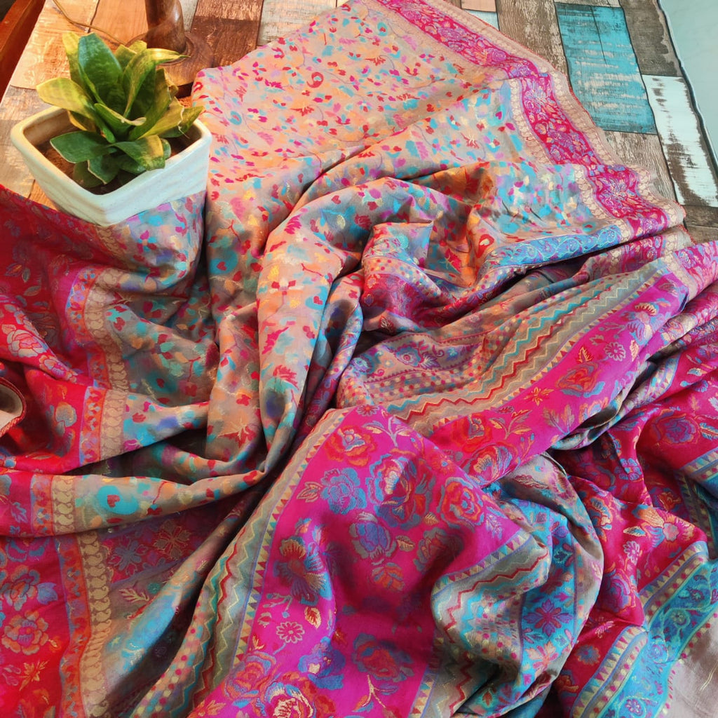 Zynah Midnight Blue Pure Kani Silk Cotton Saree with Grand Pallu & Jaal woven body; Custom Stitched/Ready-made Blouse, Fall, Petticoat; Shipping available USA, Worldwide