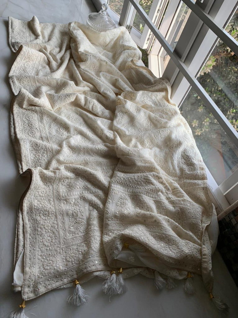 Zynah Pure Georgette Chikankari Saree in Pastel Shades, Sequence Hand work, Dyeable; Custom Stitched/Ready-made Blouse, Fall, Petticoat; Shipping available USA, Worldwide