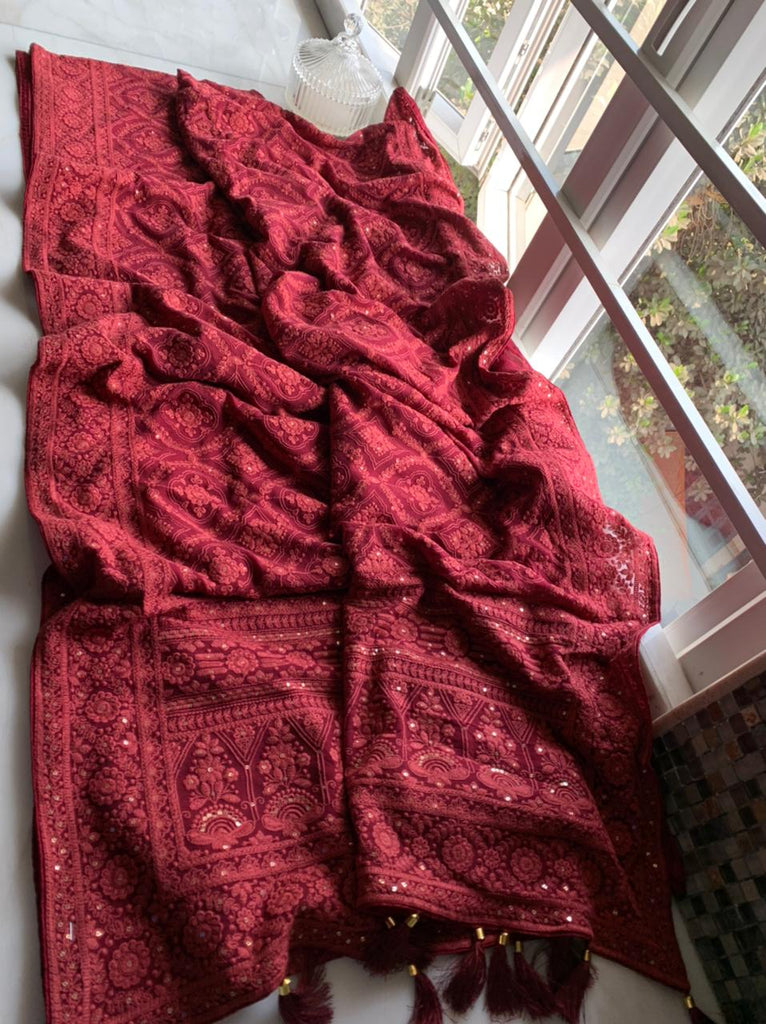 Zynah Pure Georgette Chikankari Saree in Pastel Shades, Sequence Hand work, Dyeable; Custom Stitched/Ready-made Blouse, Fall, Petticoat; Shipping available USA, Worldwide