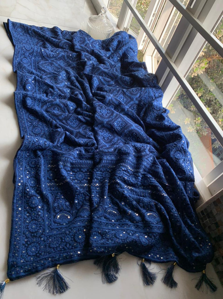 Zynah Pure Georgette Chikankari Saree in Pastel Shades, Sequence Hand work, Dyeable; Custom Stitched/Ready-made Blouse, Fall, Petticoat; Shipping available USA, Worldwide