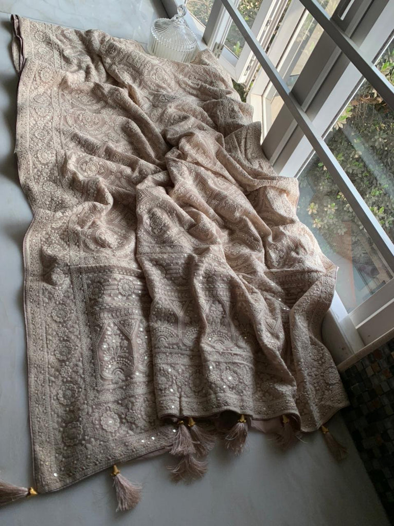 Zynah Pure Georgette Chikankari Saree in Pastel Shades, Sequence Hand work, Dyeable; Custom Stitched/Ready-made Blouse, Fall, Petticoat; Shipping available USA, Worldwide