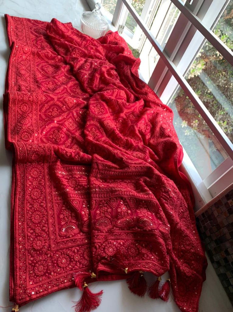 Zynah Pure Georgette Chikankari Saree in Pastel Shades, Sequence Hand work, Dyeable; Custom Stitched/Ready-made Blouse, Fall, Petticoat; Shipping available USA, Worldwide