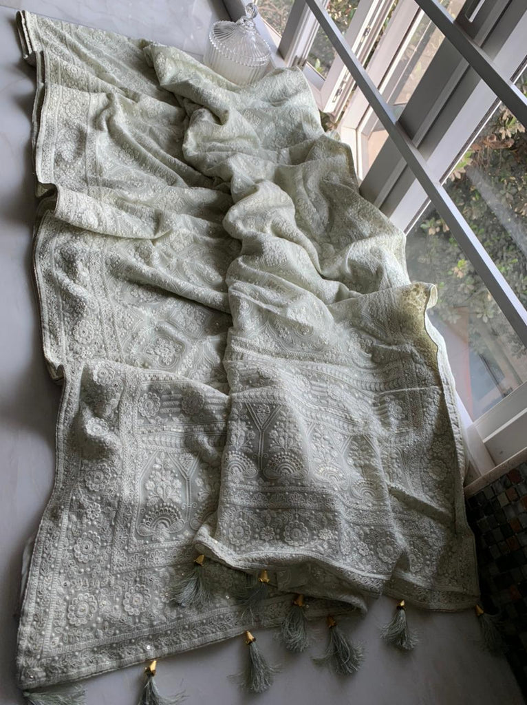 Zynah Pure Georgette Chikankari Saree in Pastel Shades, Sequence Hand work, Dyeable; Custom Stitched/Ready-made Blouse, Fall, Petticoat; Shipping available USA, Worldwide