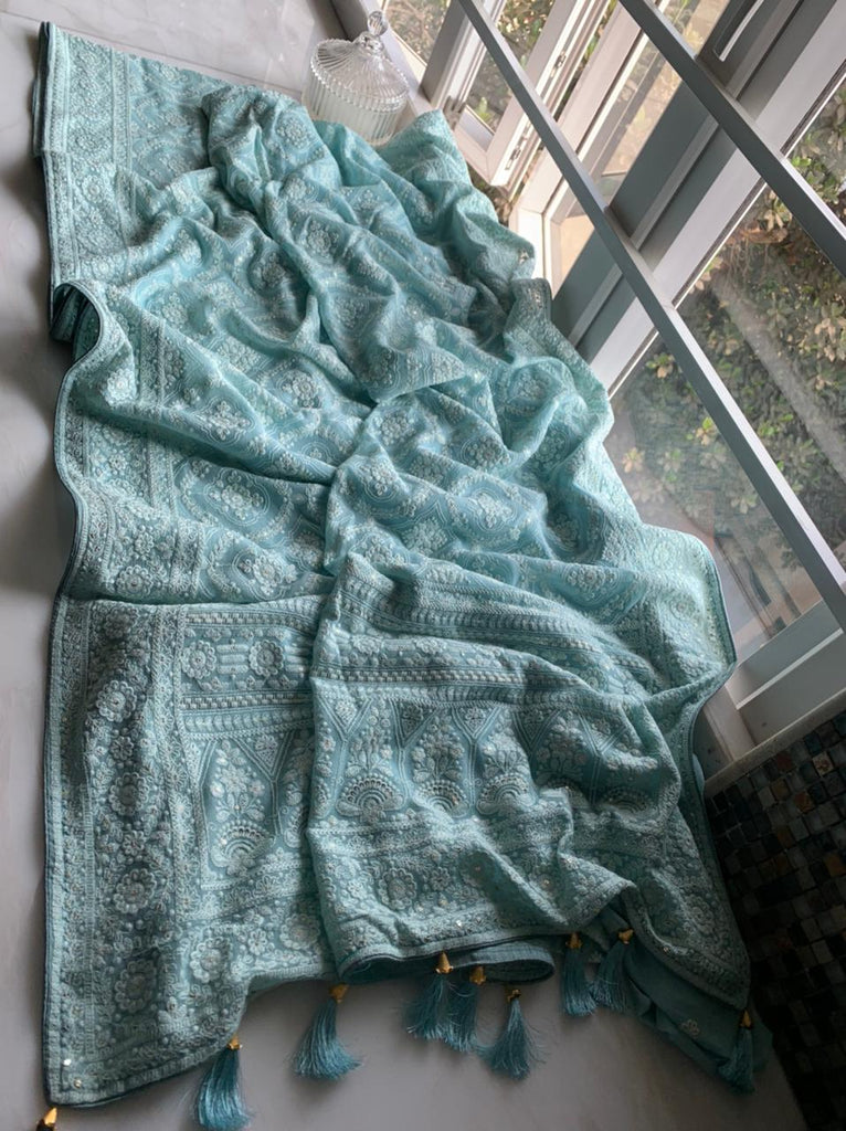 Zynah Pure Georgette Chikankari Saree in Pastel Shades, Sequence Hand work, Dyeable; Custom Stitched/Ready-made Blouse, Fall, Petticoat; Shipping available USA, Worldwide