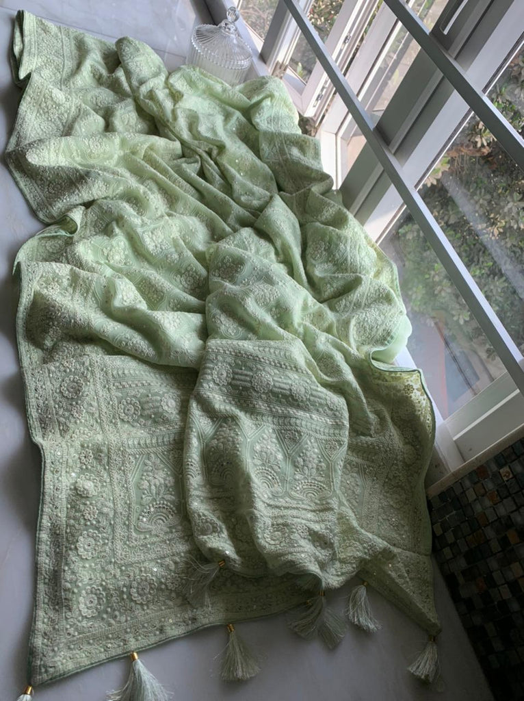 Zynah Pure Georgette Chikankari Saree in Pastel Shades, Sequence Hand work, Dyeable; Custom Stitched/Ready-made Blouse, Fall, Petticoat; Shipping available USA, Worldwide