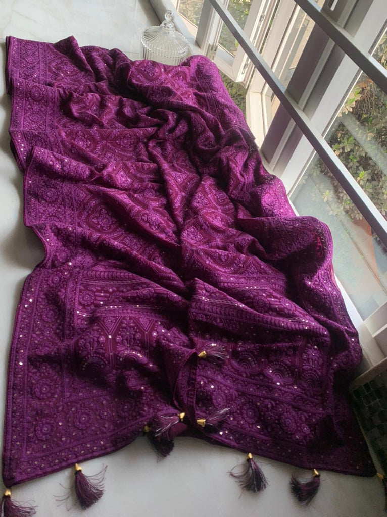 Zynah Pure Georgette Chikankari Saree in Pastel Shades, Sequence Hand work, Dyeable; Custom Stitched/Ready-made Blouse, Fall, Petticoat; Shipping available USA, Worldwide