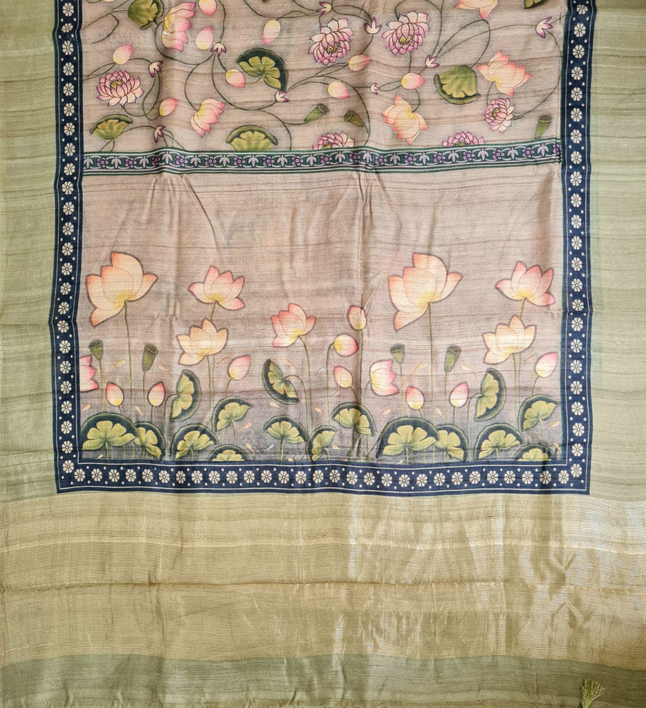 Zynah Pure Tussar Silk with Pichwai & Ajrakh Inspired Saree; Custom Stitched/Ready-made Blouse, Fall, Petticoat; Shipping available USA, Worldwide