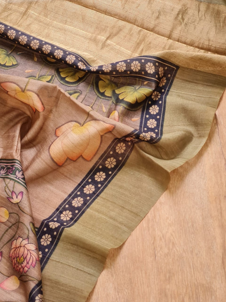 Zynah Pure Tussar Silk with Pichwai & Ajrakh Inspired Saree; Custom Stitched/Ready-made Blouse, Fall, Petticoat; Shipping available USA, Worldwide