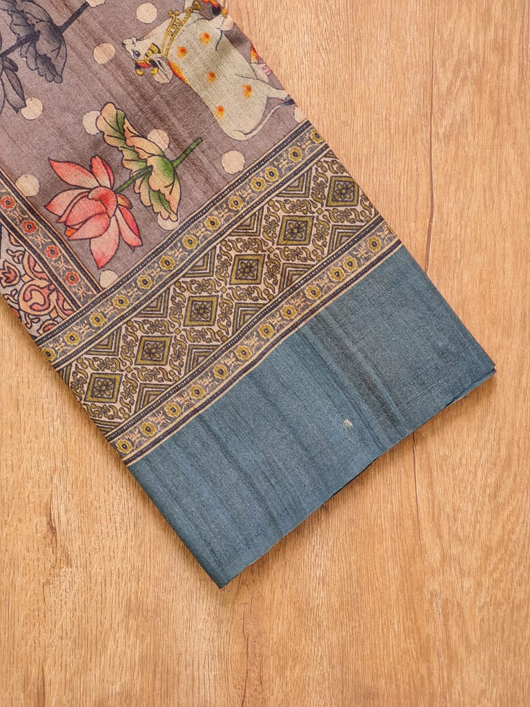 Zynah Pure Tussar Silk with Pichwai & Ajrakh Inspired Saree; Custom Stitched/Ready-made Blouse, Fall, Petticoat; Shipping available USA, Worldwide