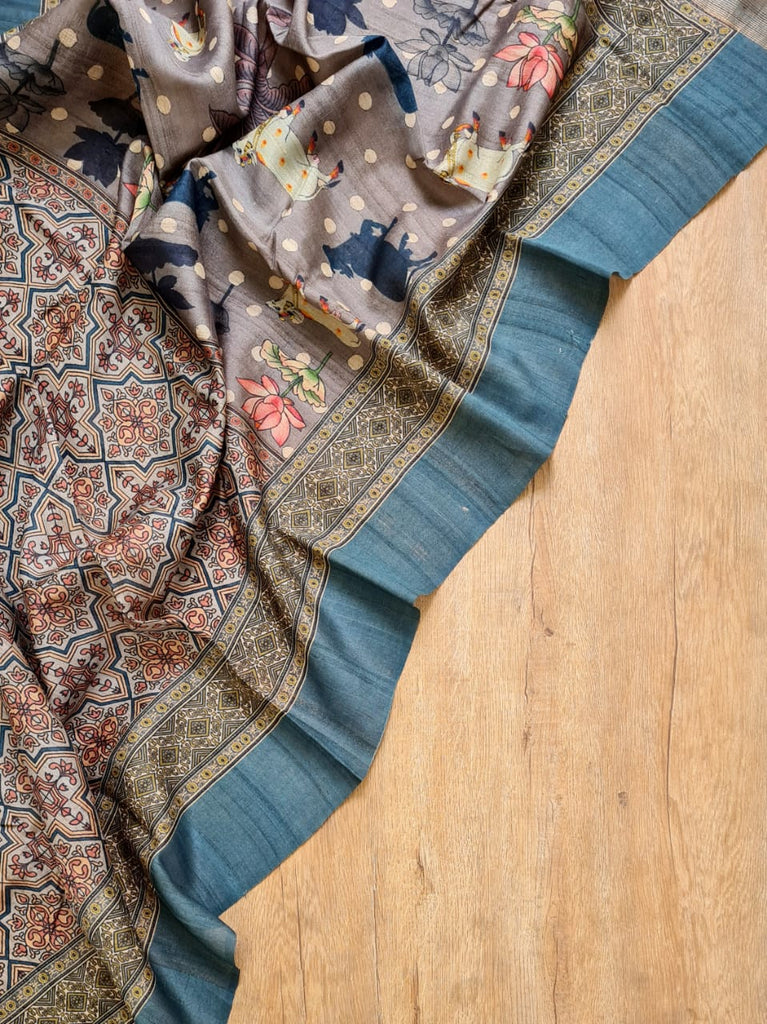 Zynah Pure Tussar Silk with Pichwai & Ajrakh Inspired Saree; Custom Stitched/Ready-made Blouse, Fall, Petticoat; Shipping available USA, Worldwide