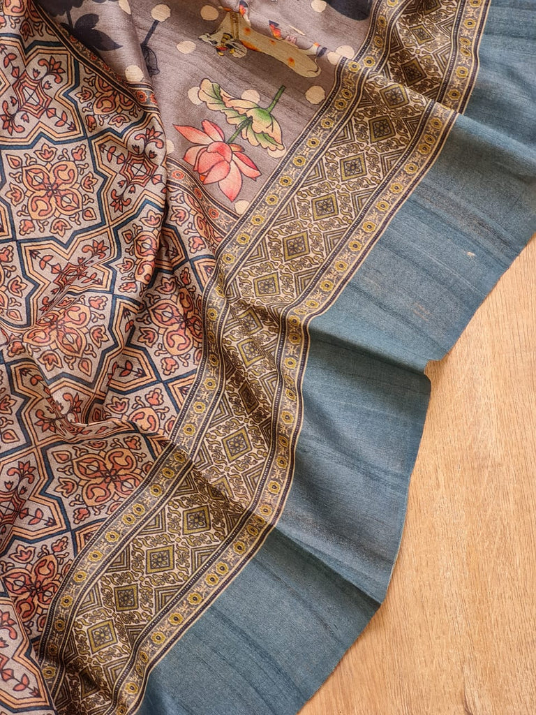 Zynah Pure Tussar Silk with Pichwai & Ajrakh Inspired Saree; Custom Stitched/Ready-made Blouse, Fall, Petticoat; Shipping available USA, Worldwide
