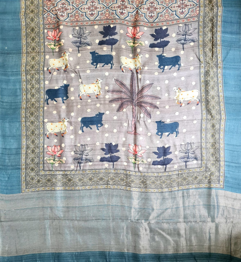 Zynah Pure Tussar Silk with Pichwai & Ajrakh Inspired Saree; Custom Stitched/Ready-made Blouse, Fall, Petticoat; Shipping available USA, Worldwide