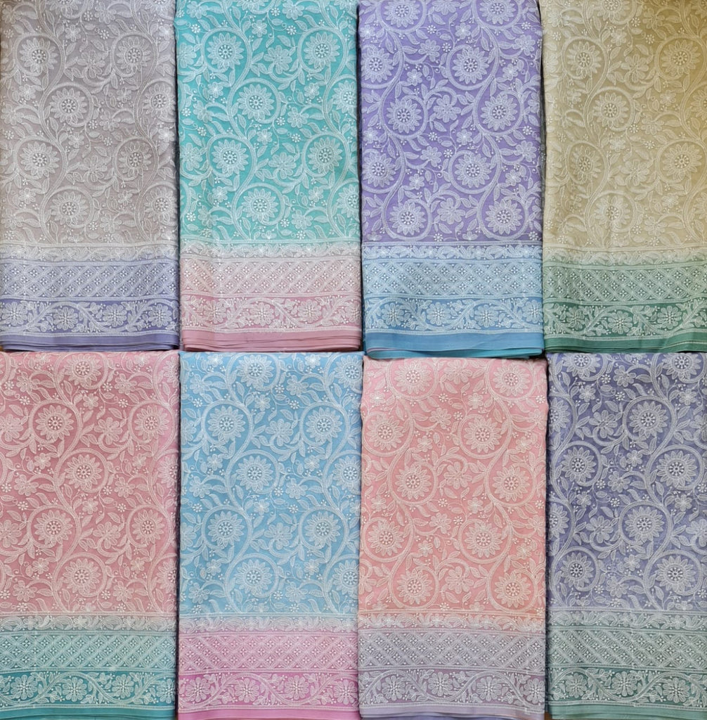 Zynah Pure Organza Silk Saree with Floral Jaal Thread Chikankari Embroidery; Custom Stitched/Ready-made Blouse, Fall, Petticoat; Shipping available USA, Worldwide