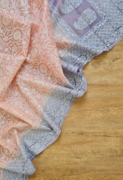 Zynah Pure Organza Silk Saree with Floral Jaal Thread Chikankari Embroidery; Custom Stitched/Ready-made Blouse, Fall, Petticoat; Shipping available USA, Worldwide