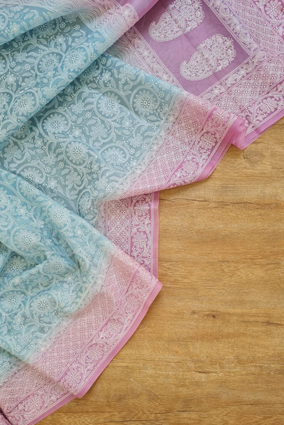 Zynah Pure Organza Silk Saree with Floral Jaal Thread Chikankari Embroidery; Custom Stitched/Ready-made Blouse, Fall, Petticoat; Shipping available USA, Worldwide