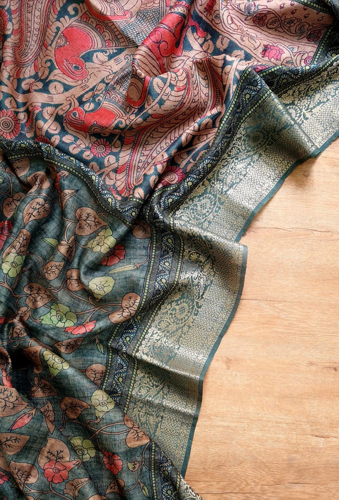 Zynah Pure Tussar Silk Saree with Kalamkari Print; Custom Stitched/Ready-made Blouse, Fall, Petticoat; Shipping available USA, Worldwide