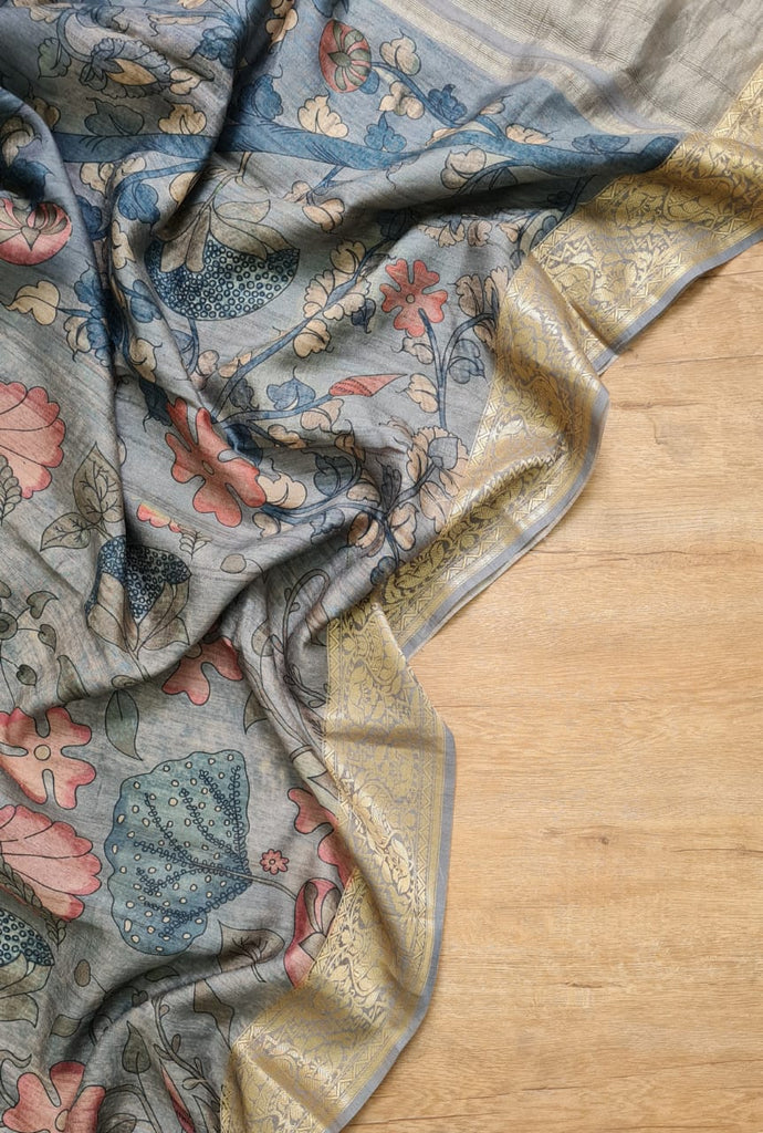 Zynah Pure Tussar Silk Saree with Kalamkari Print; Custom Stitched/Ready-made Blouse, Fall, Petticoat; Shipping available USA, Worldwide